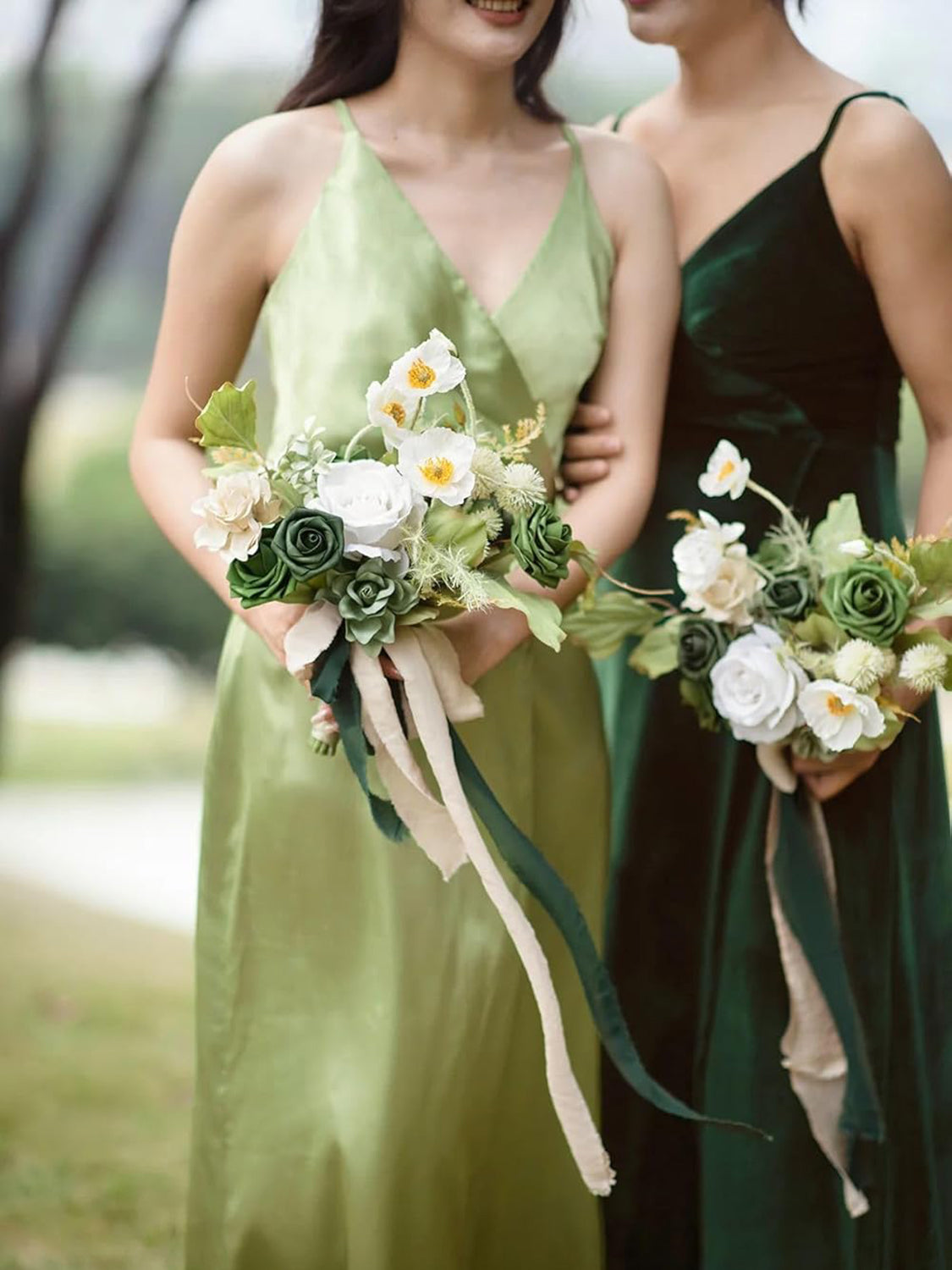 Emerald & Tawny Beige Fake Roses Dahlia Ranunculus Flowers Box