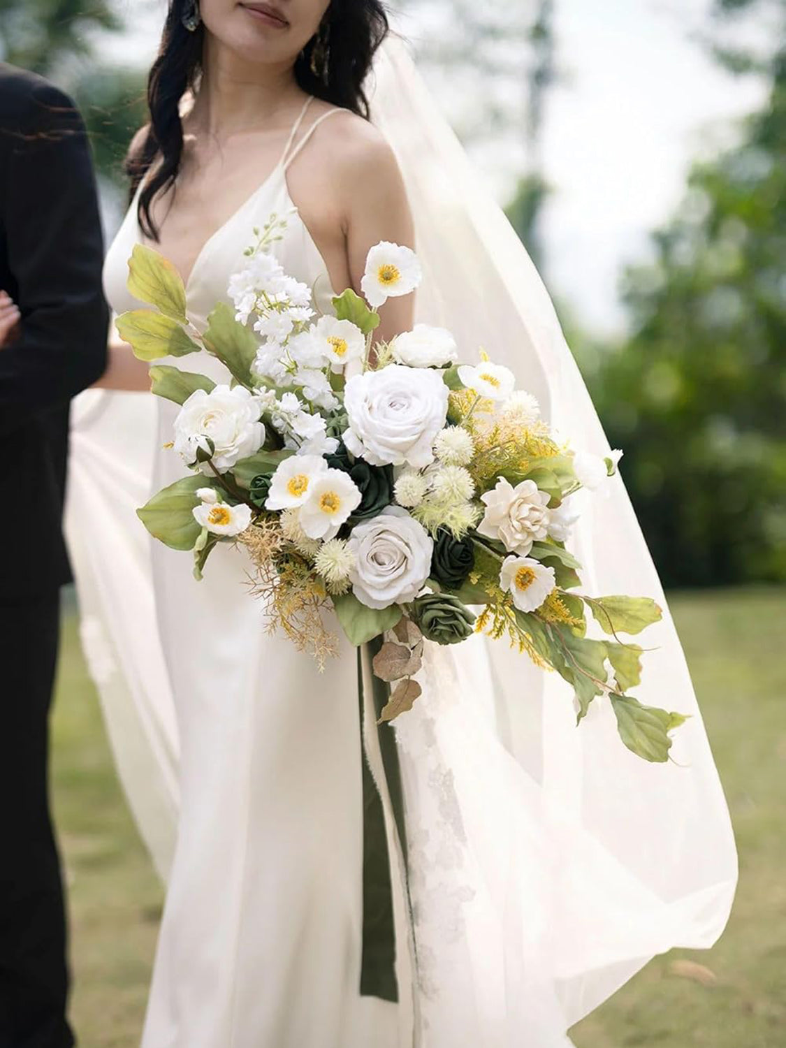Emerald & Tawny Beige Fake Roses Dahlia Ranunculus Flowers Box