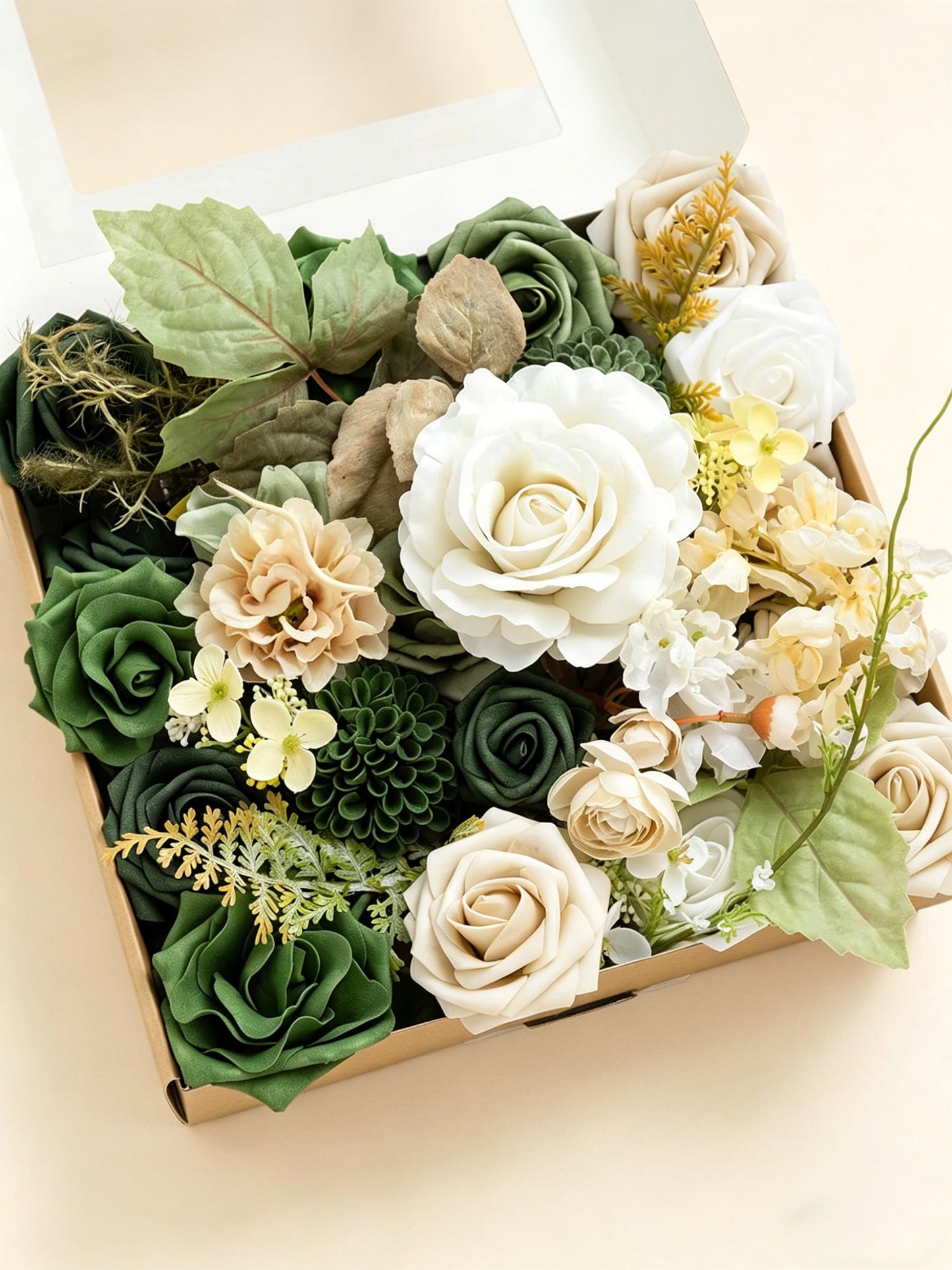 Emerald & Tawny Beige Fake Roses Dahlia Ranunculus Flowers Box