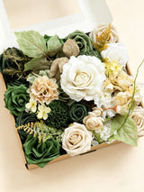 Emerald & Tawny Beige Fake Roses Dahlia Ranunculus Flowers Box