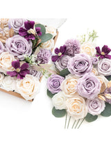 Lilac & Cream Fake Roses Eucalyptus Flowers Box