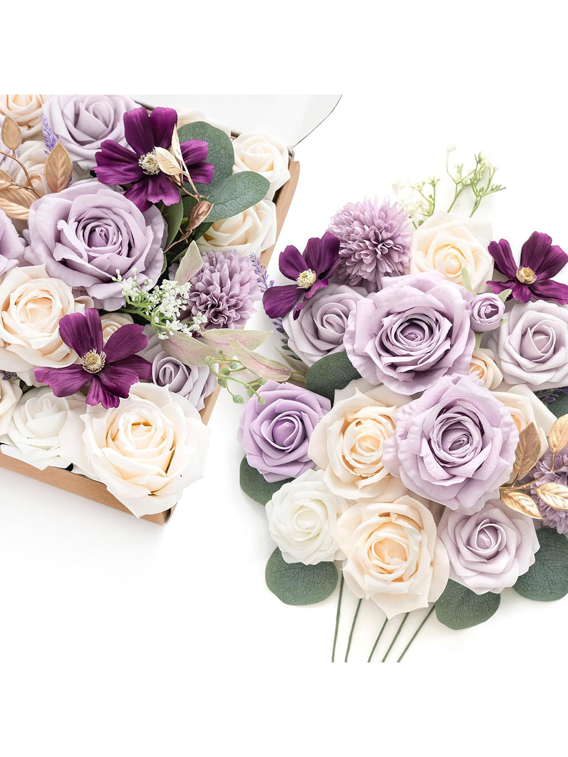 Lilac & Cream Fake Roses Eucalyptus Flowers Box