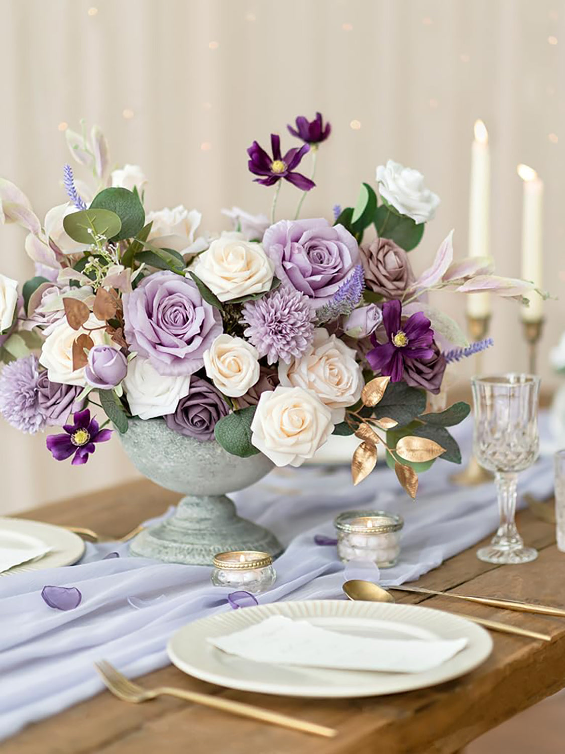 Lilac & Cream Fake Roses Eucalyptus Flowers Box