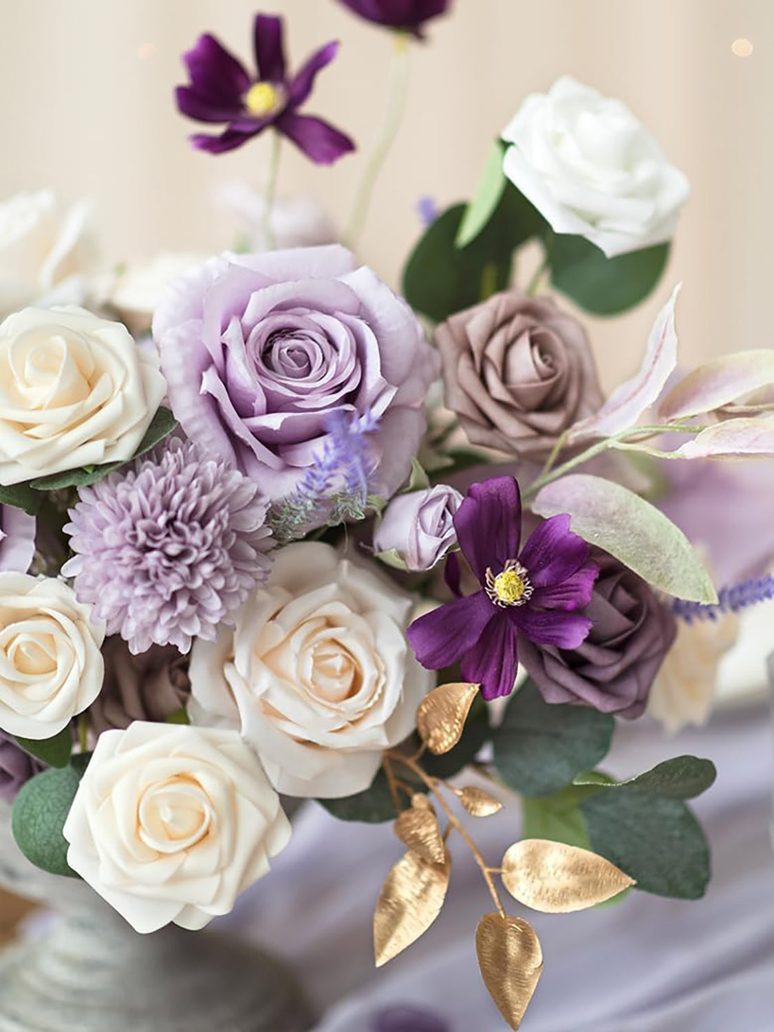 Lilac & Cream Fake Roses Eucalyptus Flowers Box