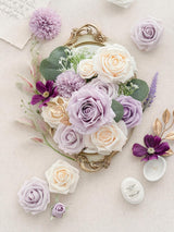 Lilac & Cream Fake Roses Eucalyptus Flowers Box