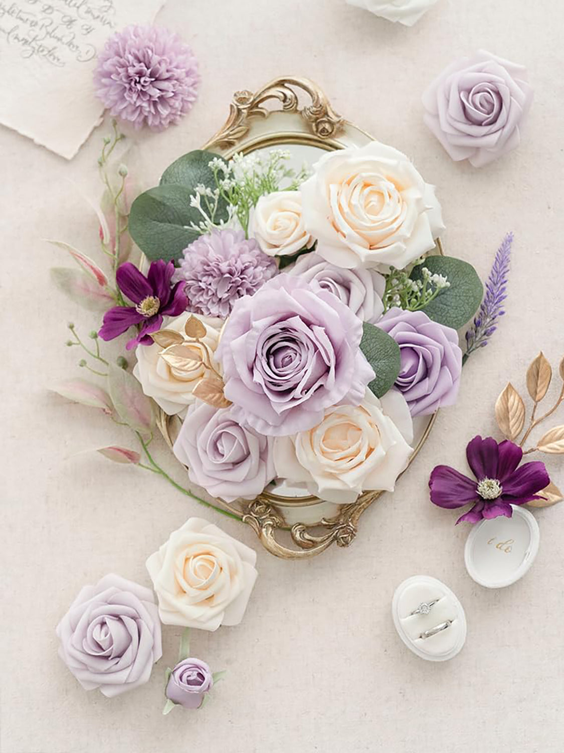 Lilac & Cream Fake Roses Eucalyptus Flowers Box