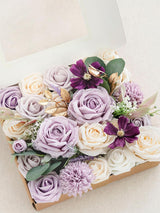 Lilac & Cream Fake Roses Eucalyptus Flowers Box