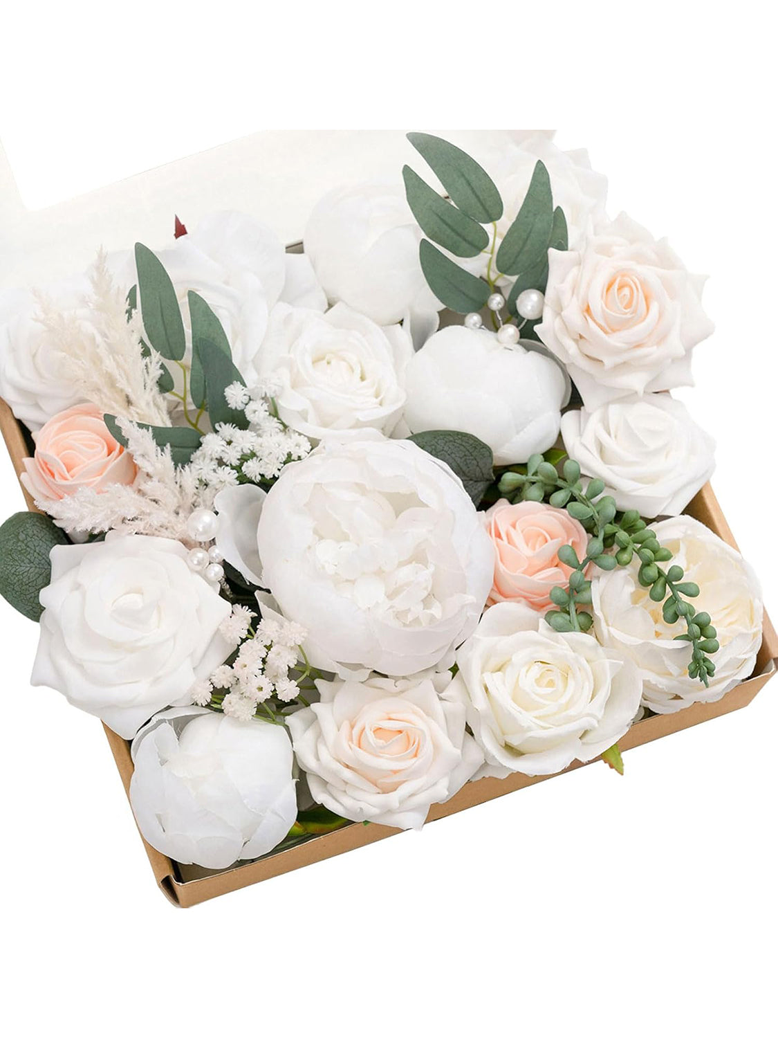White & Blush Fake Roses Peonies Willow Flowers Box