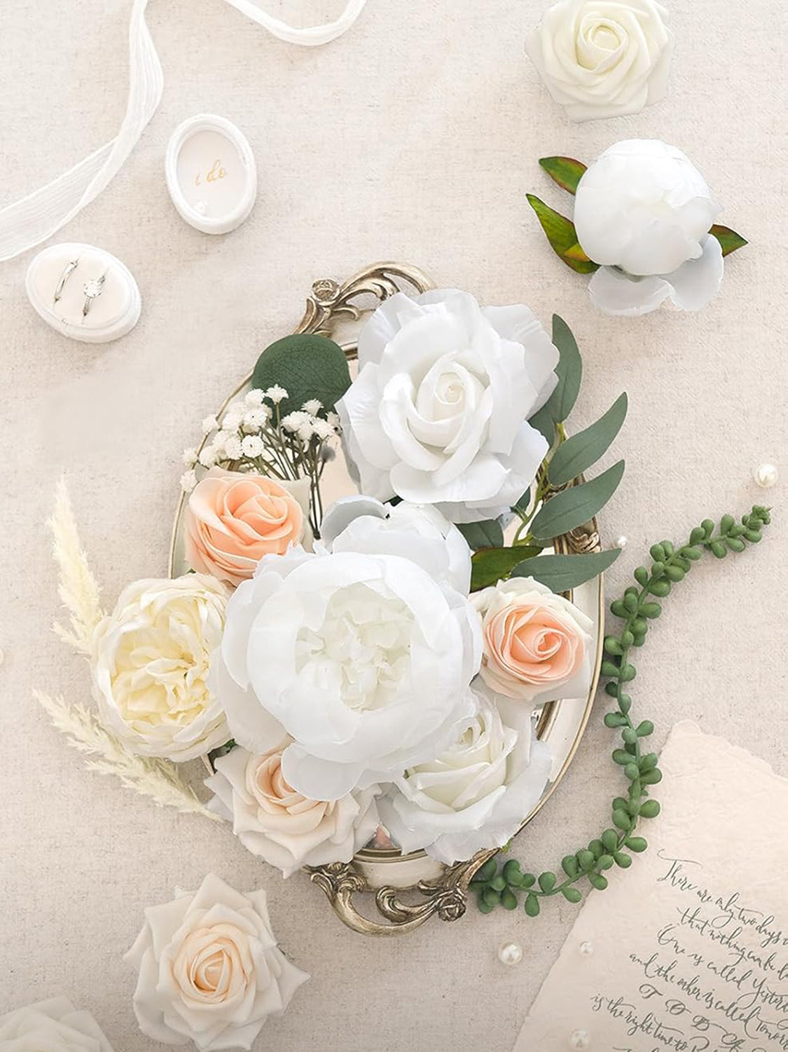 White & Blush Fake Roses Peonies Willow Flowers Box