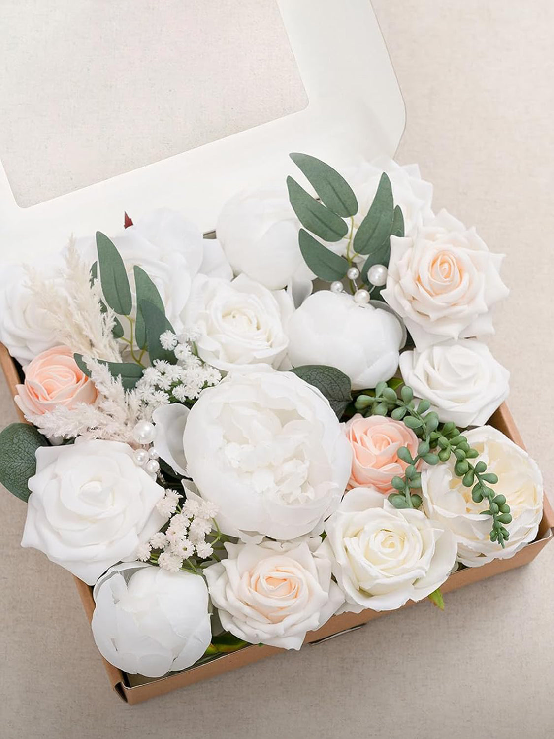 White & Blush Fake Roses Peonies Willow Flowers Box