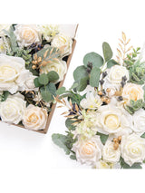 White & Sage & Gold Fake Rose Eucalyptus Flowers Box