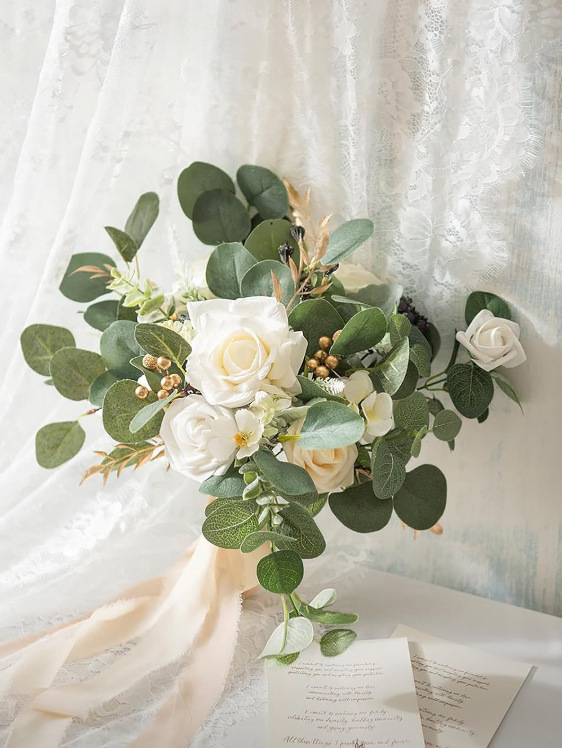 White & Sage & Gold Fake Rose Eucalyptus Flowers Box