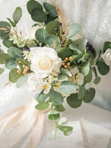 White & Sage & Gold Fake Rose Eucalyptus Flowers Box
