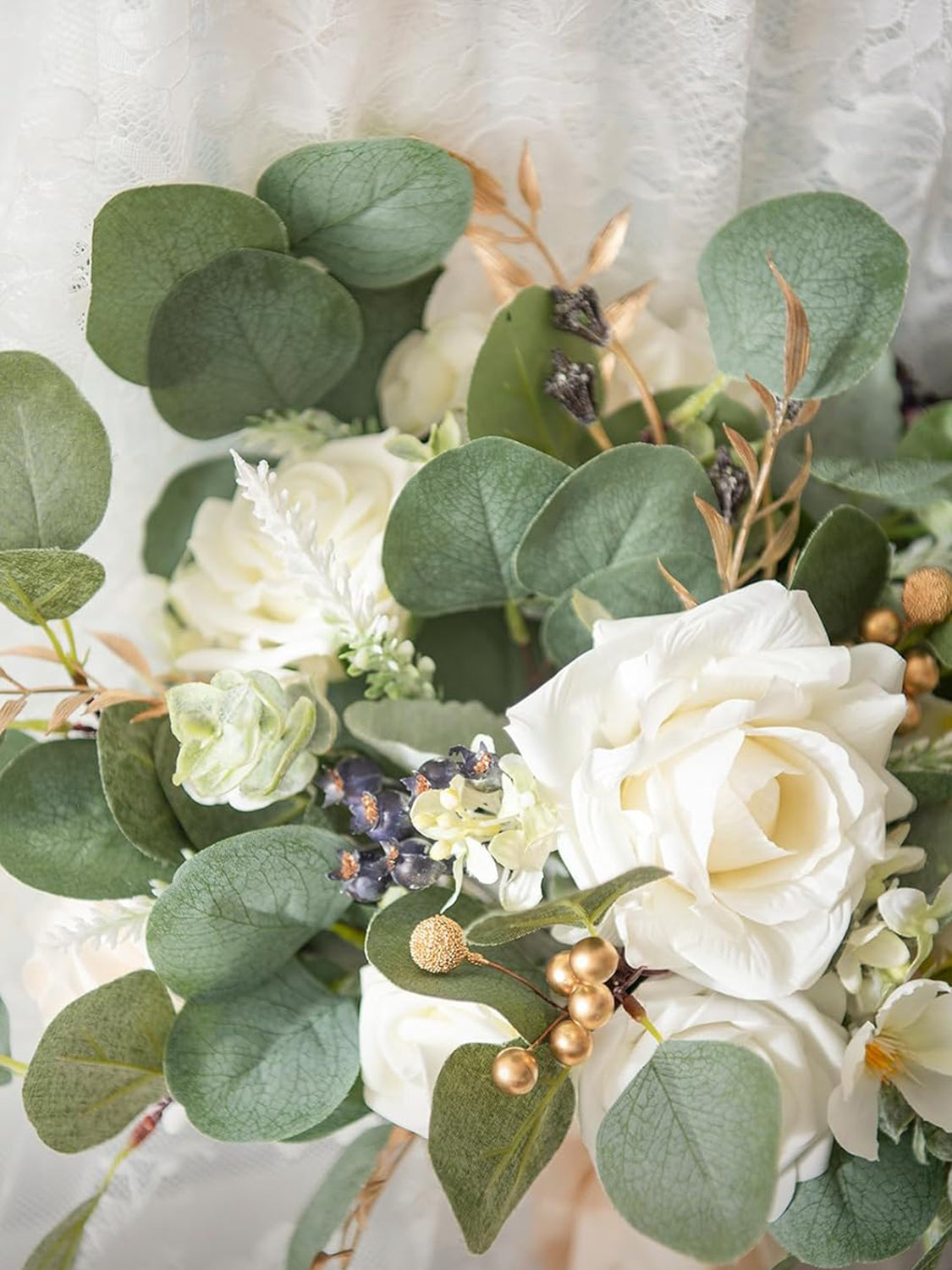 White & Sage & Gold Fake Rose Eucalyptus Flowers Box