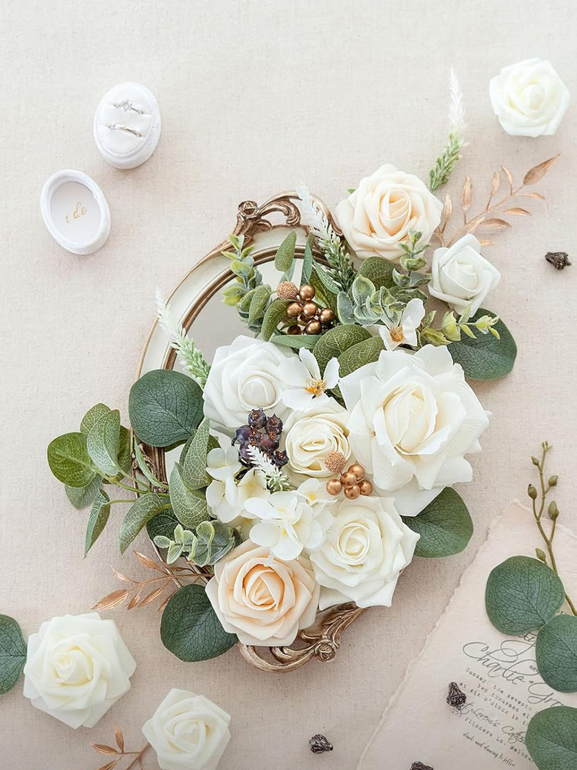 White & Sage & Gold Fake Rose Eucalyptus Flowers Box