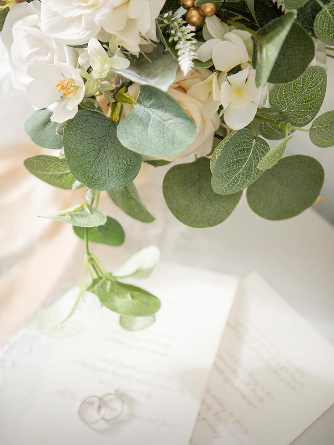 White & Sage & Gold Fake Rose Eucalyptus Flowers Box