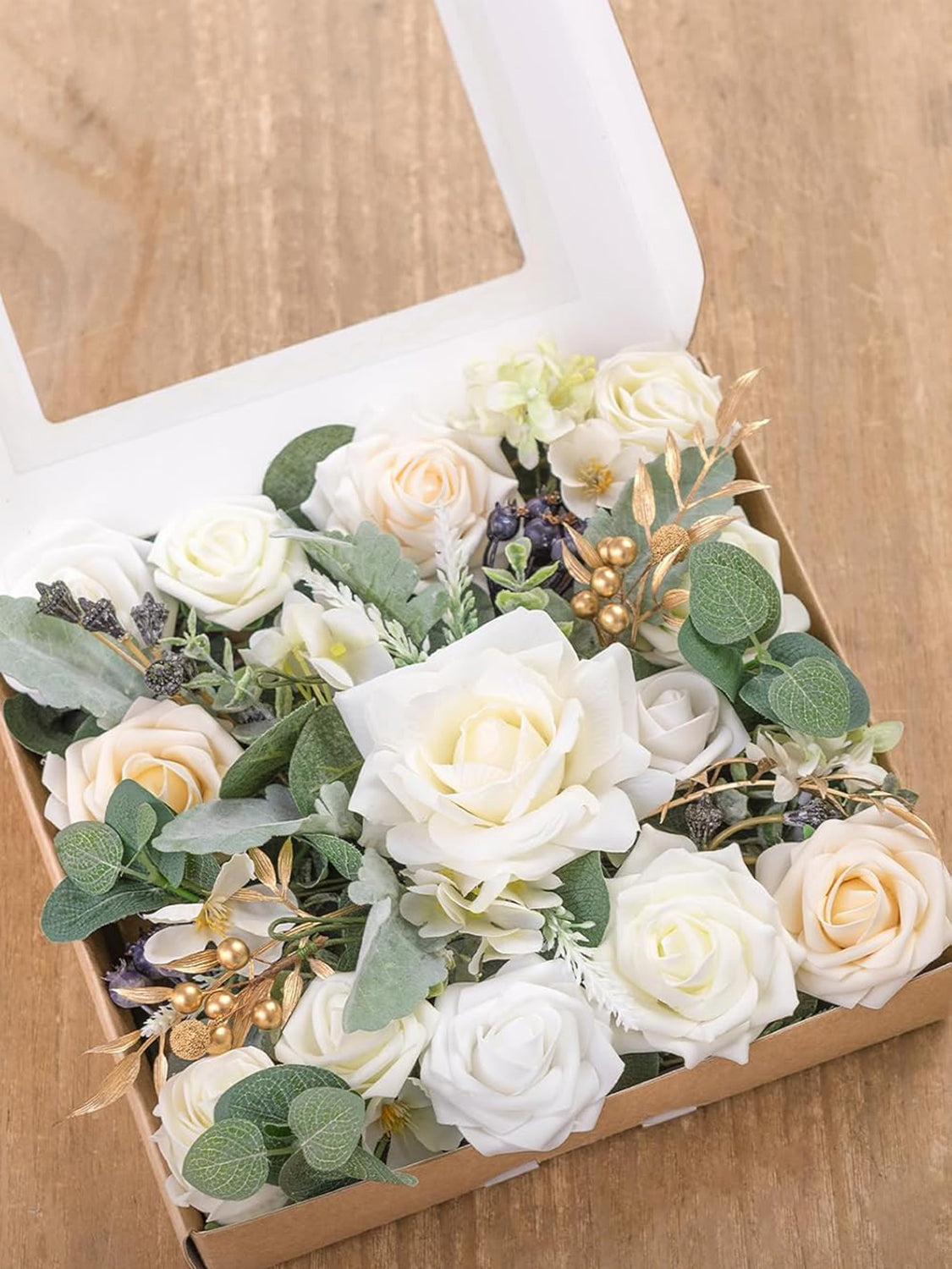 White & Sage & Gold Fake Rose Eucalyptus Flowers Box