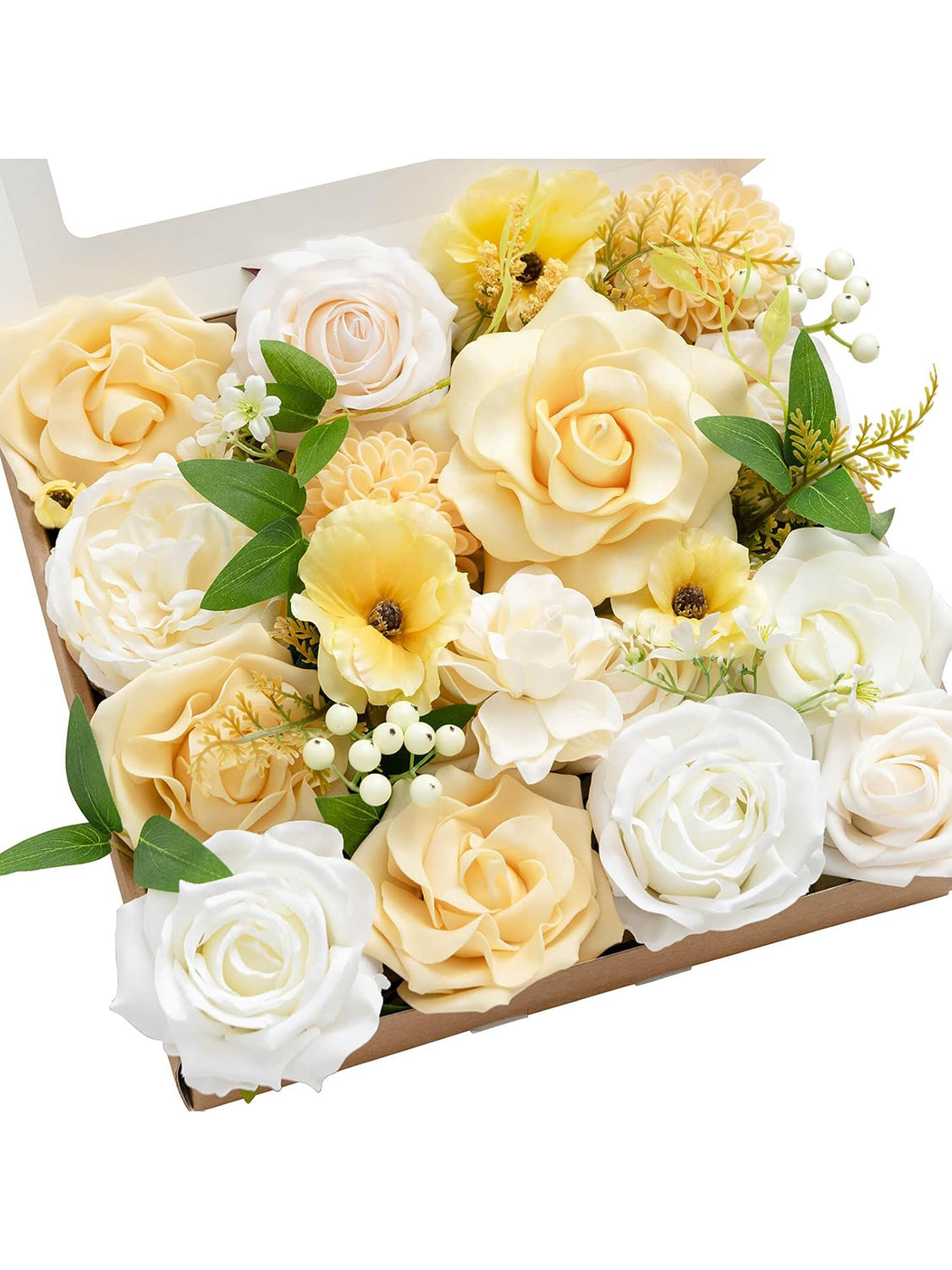 Creamy Yellow Fake Roses Gardenia Flowers Box