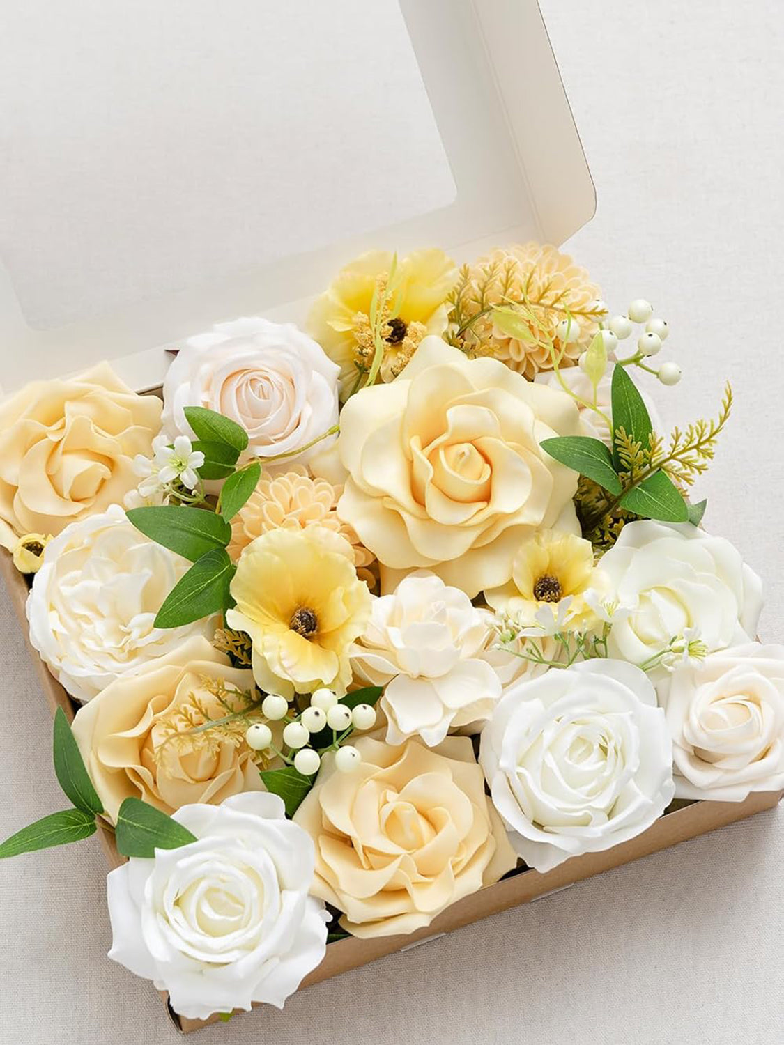 Creamy Yellow Fake Roses Gardenia Flowers Box