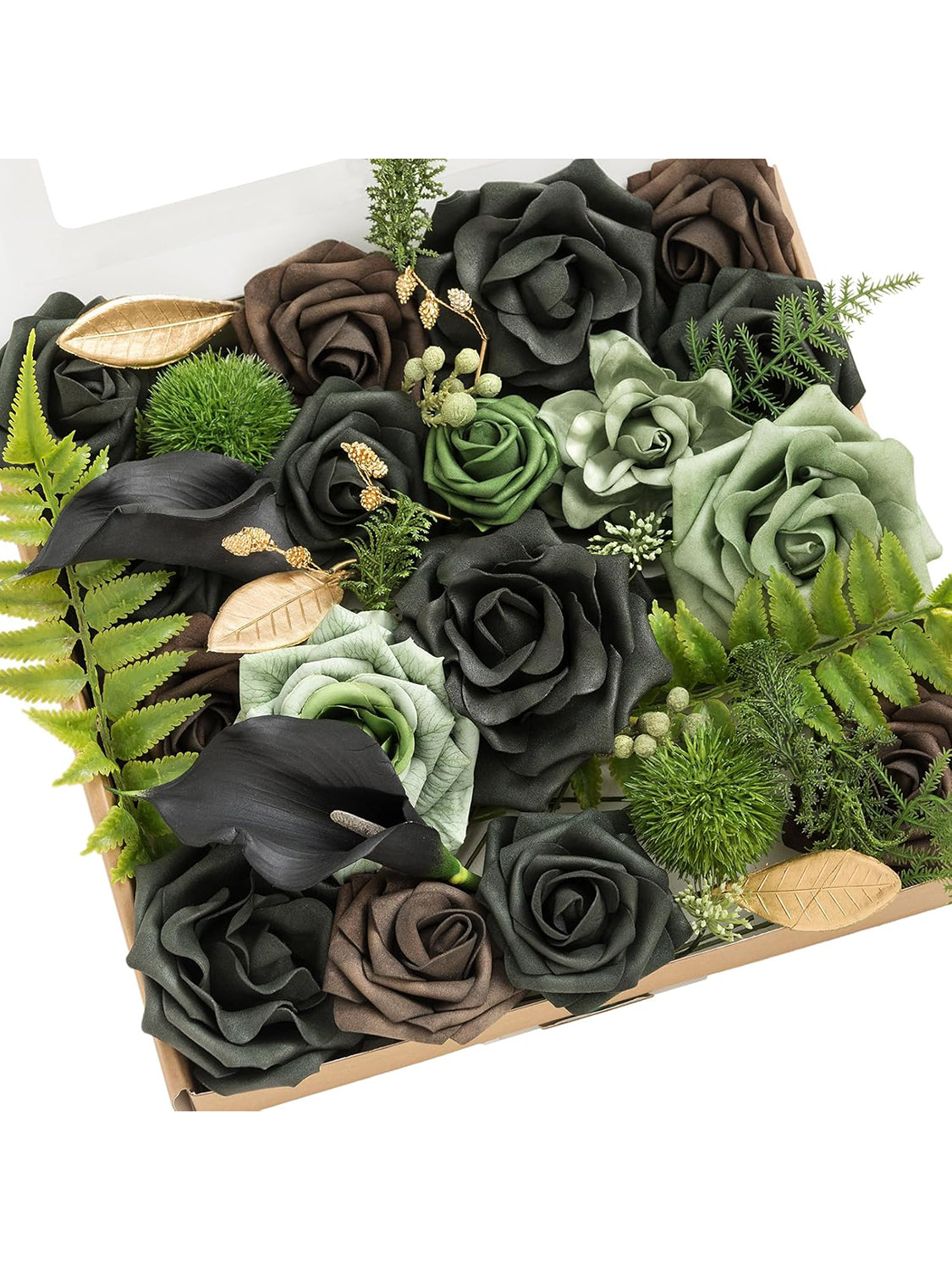 Emerald & Gold Fake Roses Gardenia Flowers Box