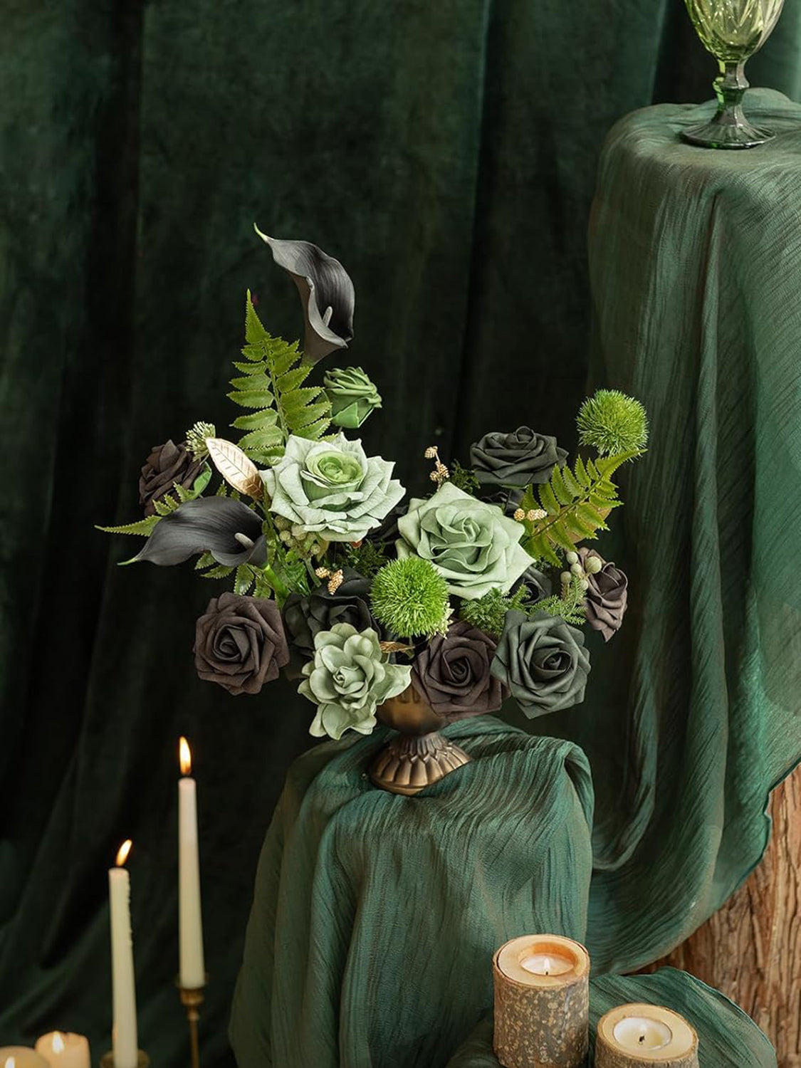 Emerald & Gold Fake Roses Gardenia Flowers Box