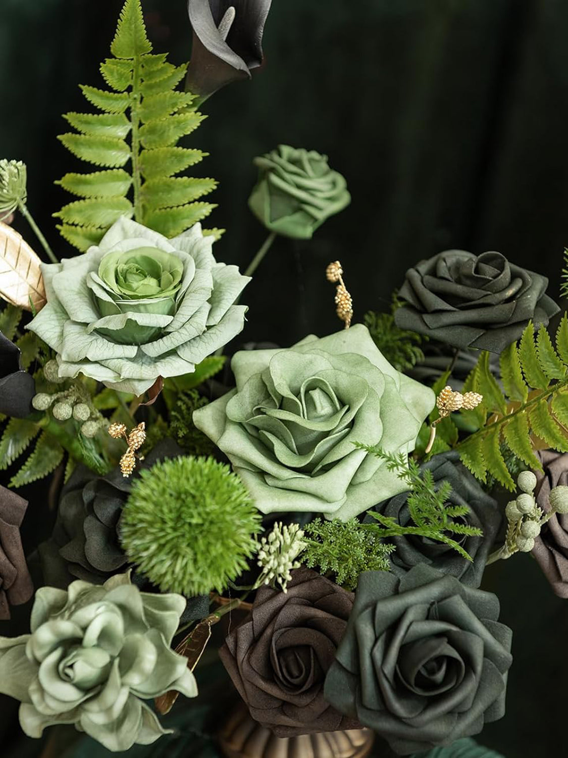 Emerald & Gold Fake Roses Gardenia Flowers Box