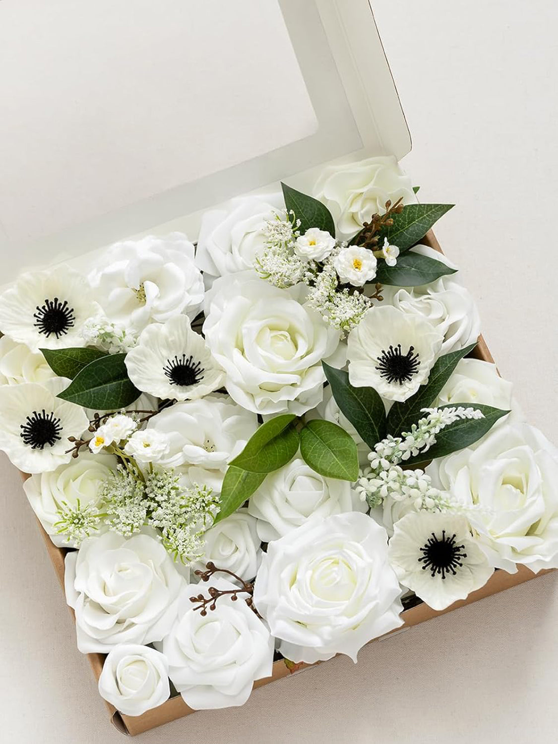 White & Dark Green Fake Roses Poppy Silk Leaves Flowers Box