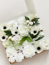 White & Dark Green Fake Roses Poppy Silk Leaves Flowers Box