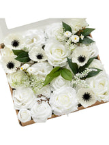 White & Dark Green Fake Roses Poppy Silk Leaves Flowers Box