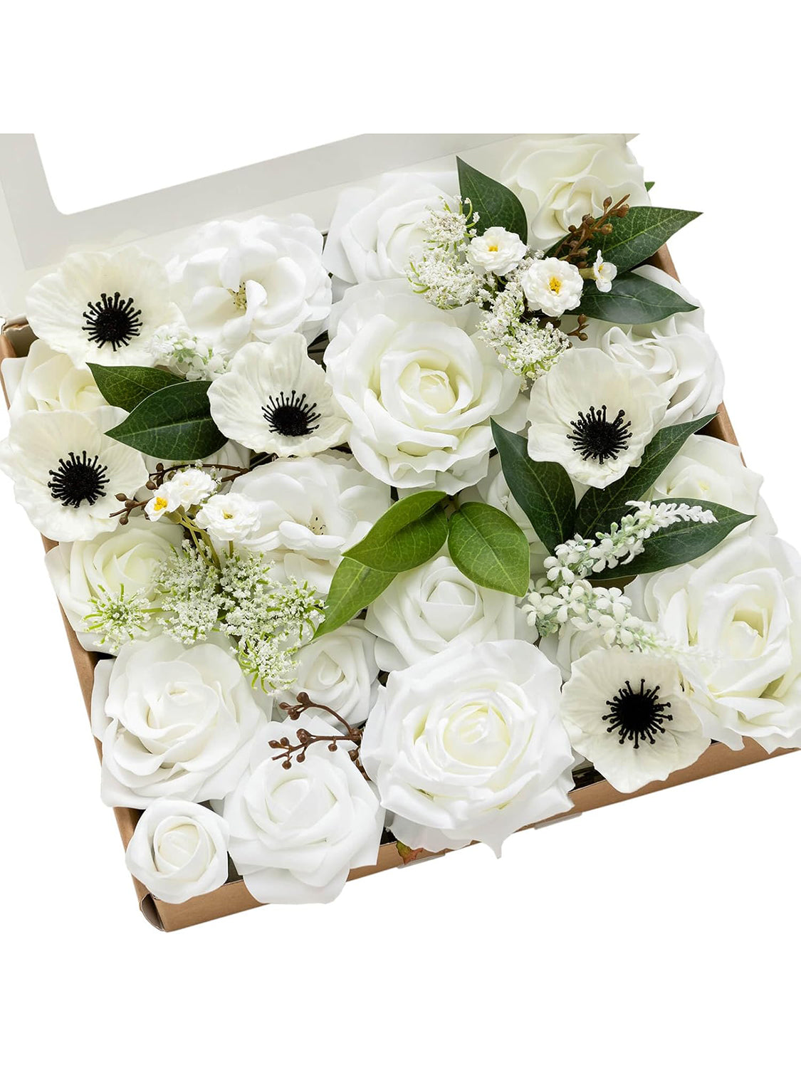 White & Dark Green Fake Roses Poppy Silk Leaves Flowers Box