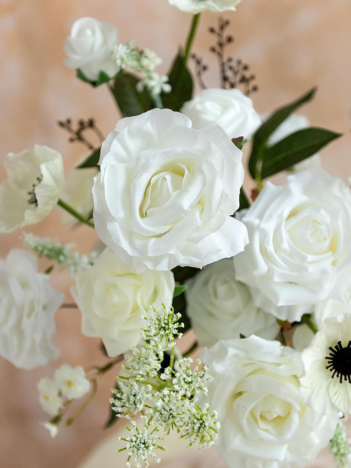 White & Dark Green Fake Roses Poppy Silk Leaves Flowers Box