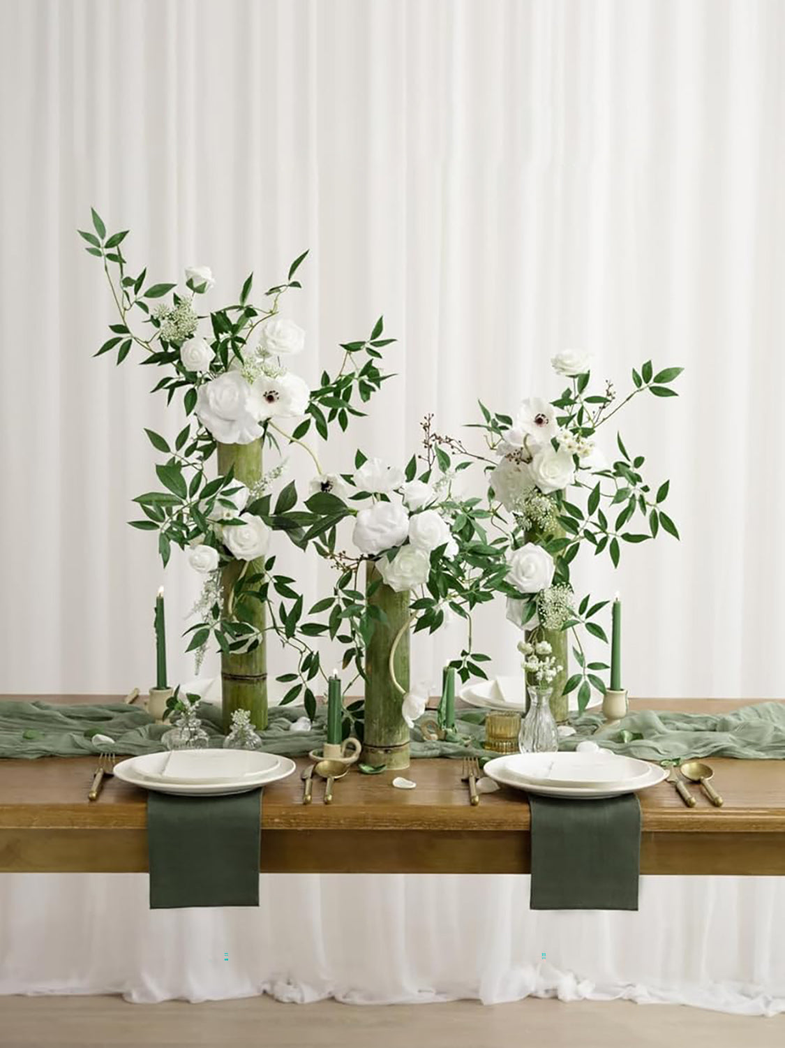 White & Dark Green Fake Roses Poppy Silk Leaves Flowers Box