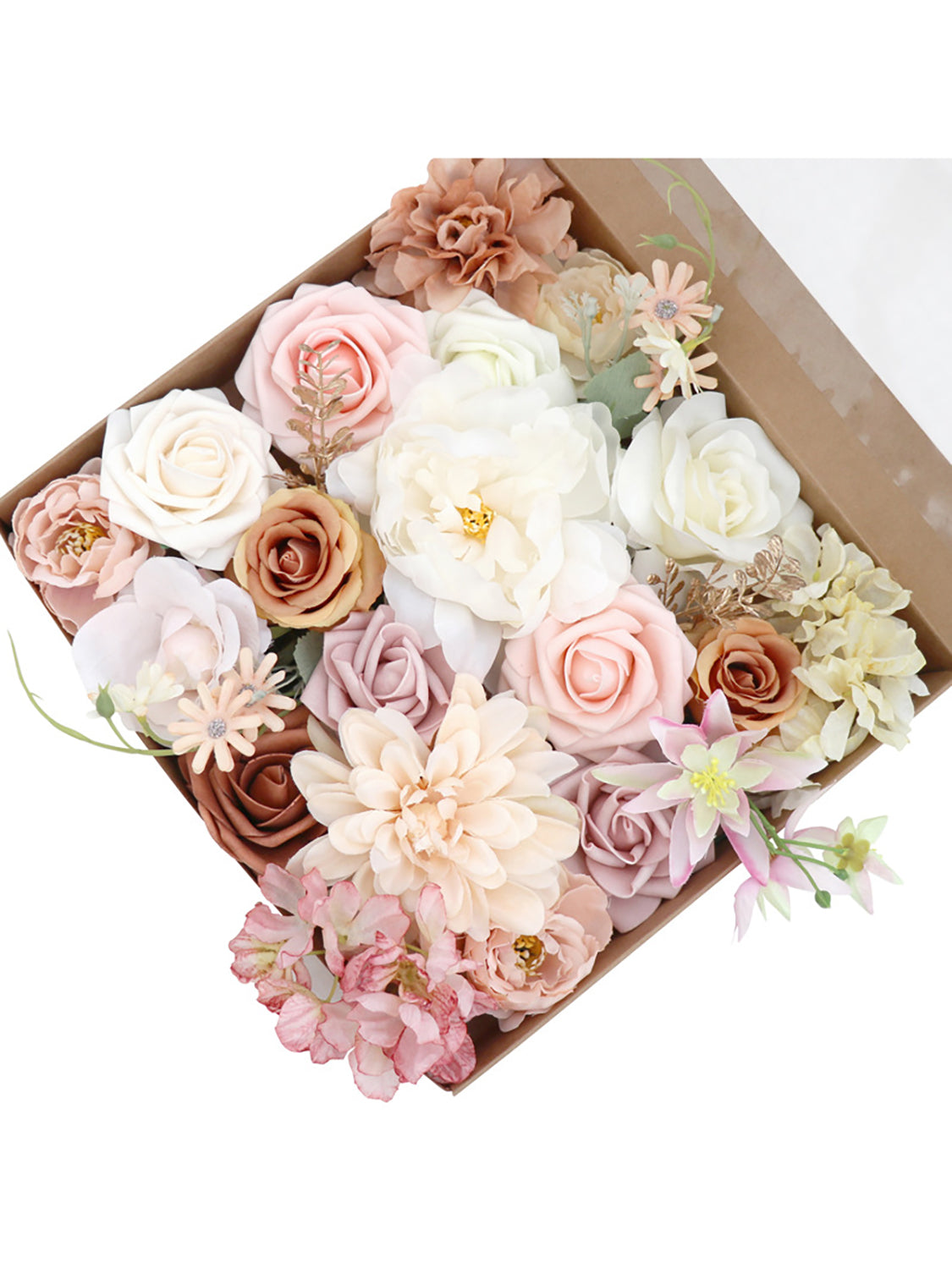Pink & Champagne Fake Roses Silk Leaves Flowers Box