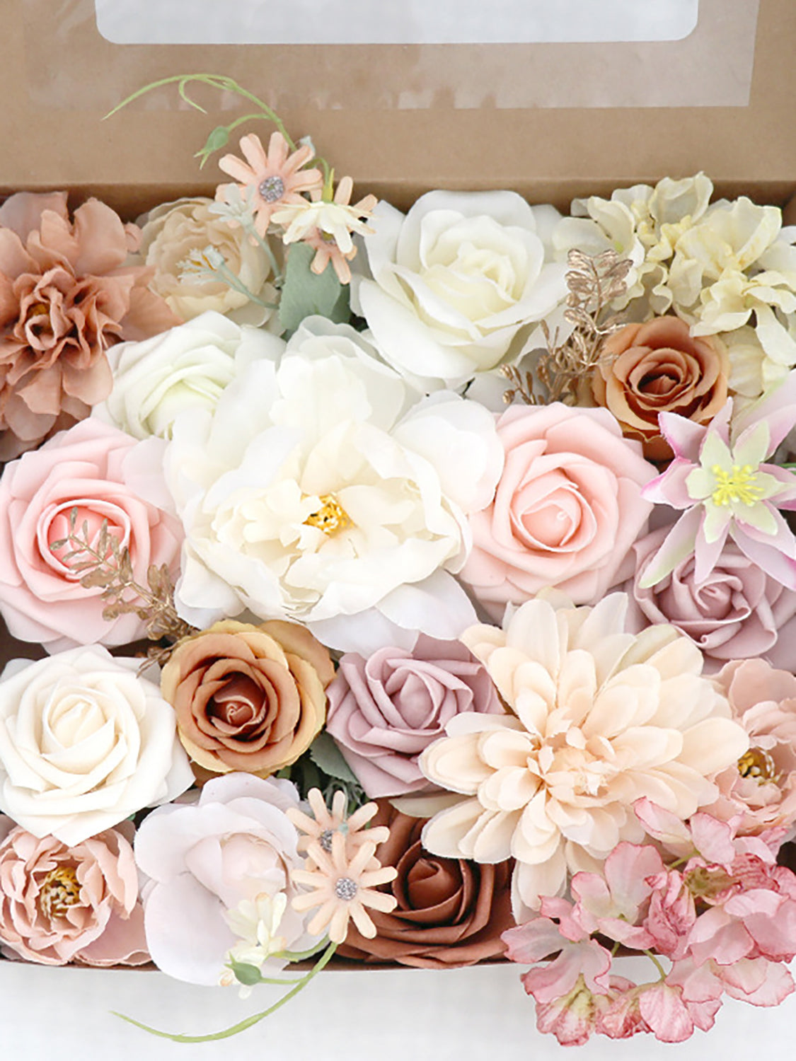 Pink & Champagne Fake Roses Silk Leaves Flowers Box
