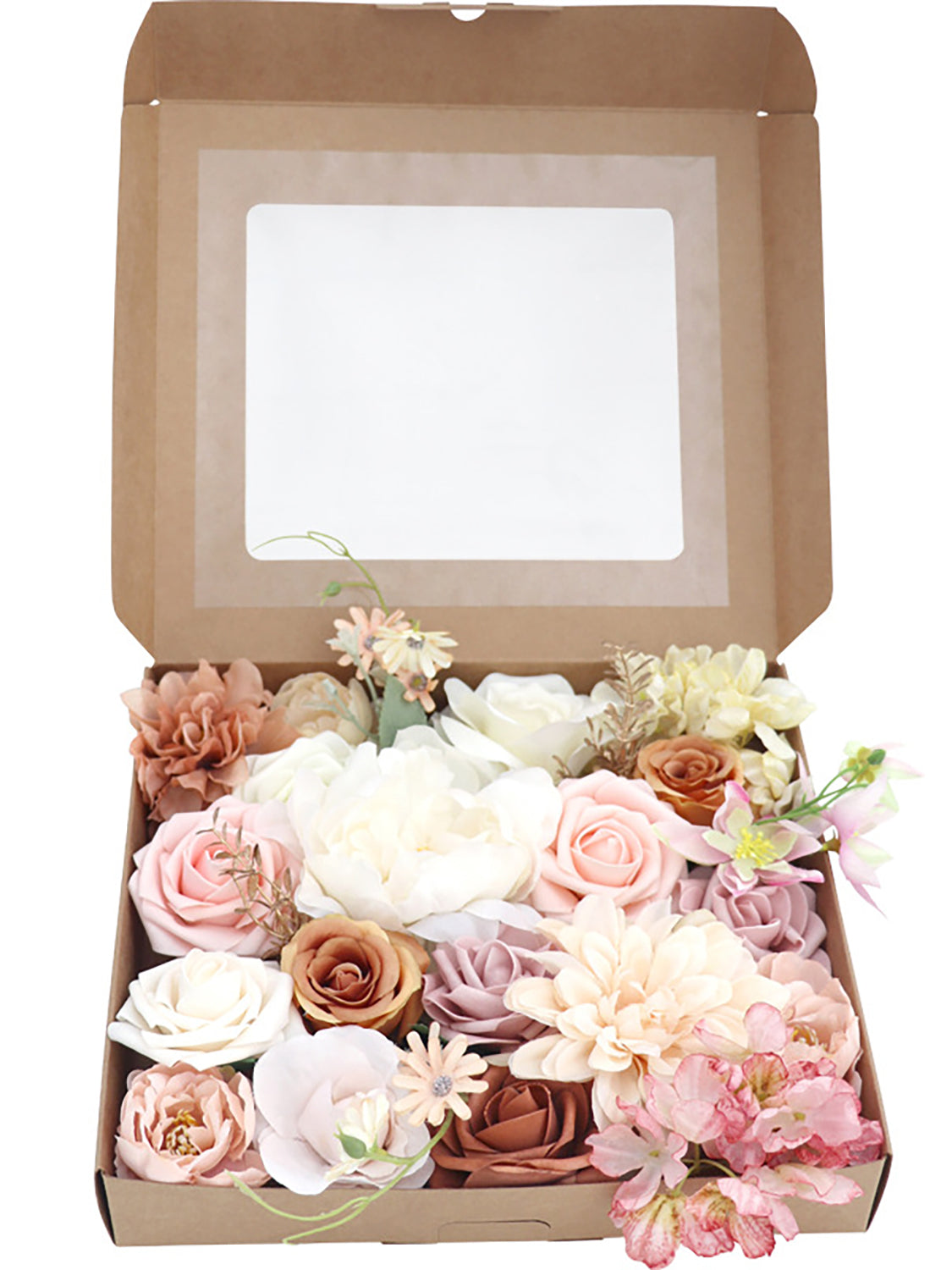 Pink & Champagne Fake Roses Silk Leaves Flowers Box