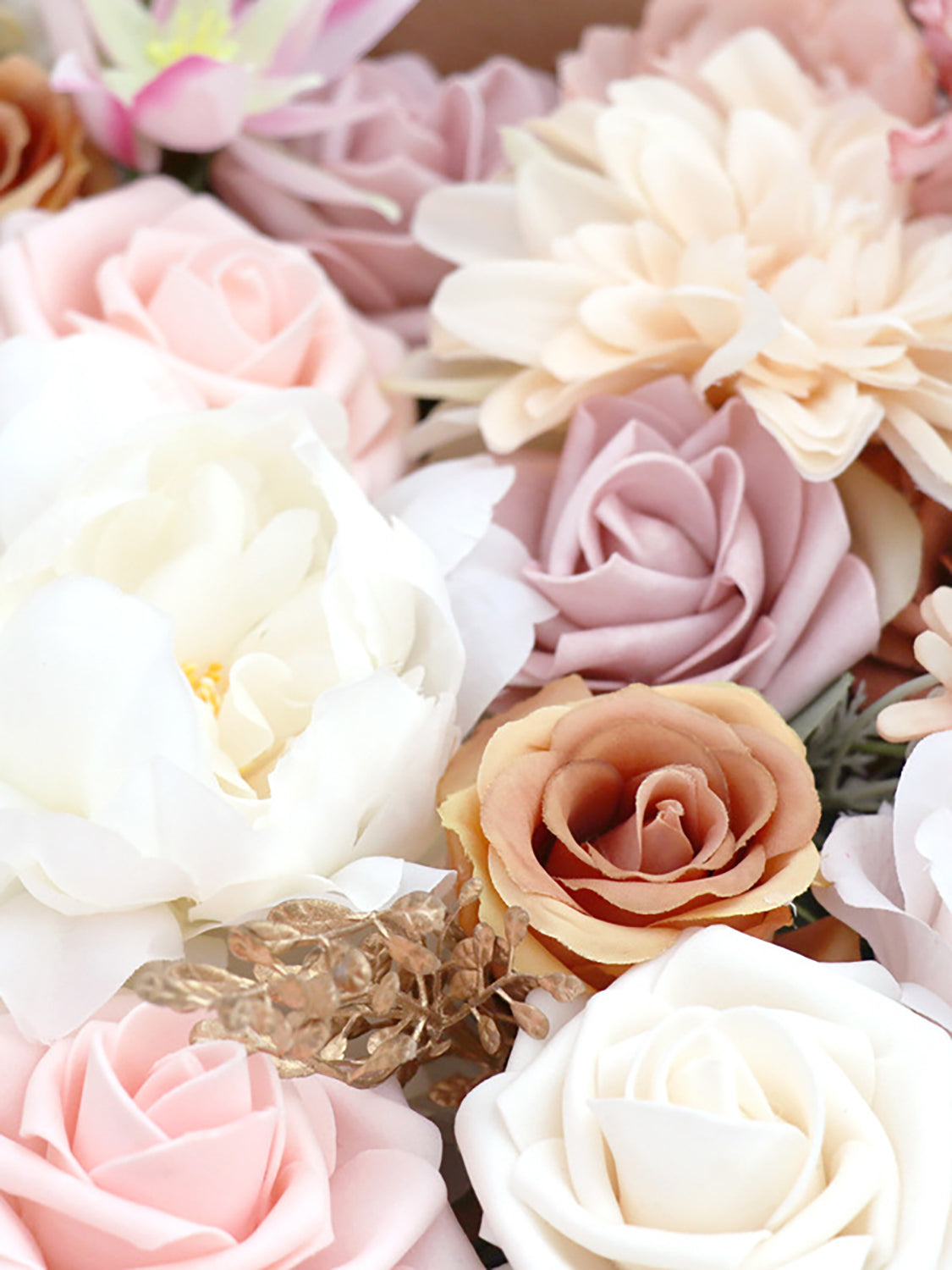 Pink & Champagne Fake Roses Silk Leaves Flowers Box