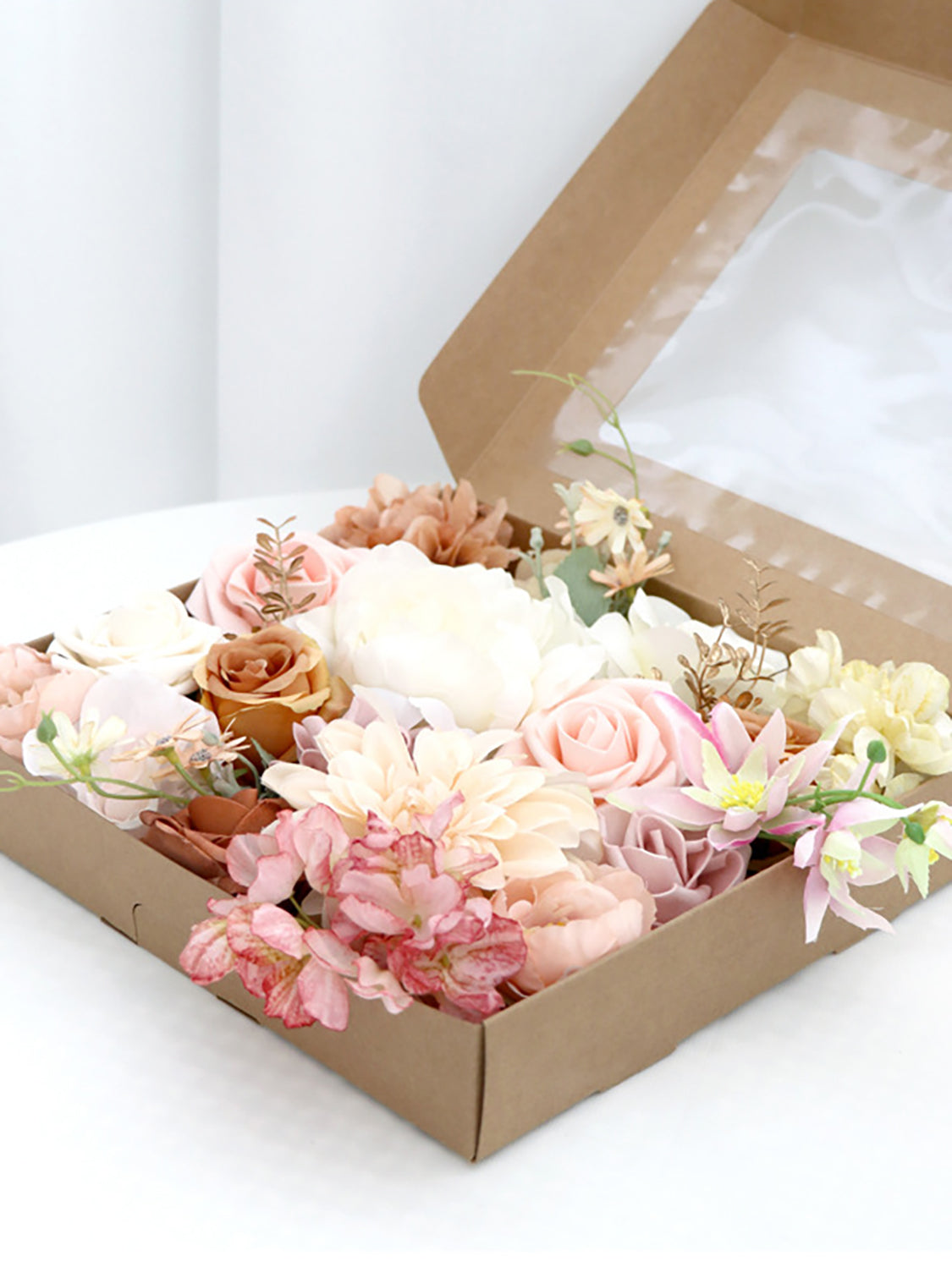 Pink & Champagne Fake Roses Silk Leaves Flowers Box