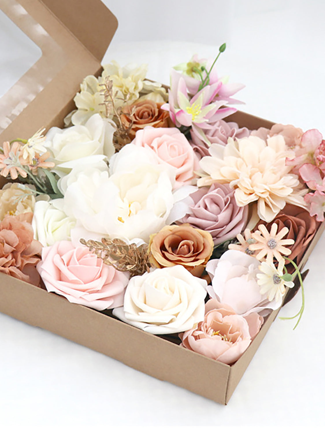 Pink & Champagne Fake Roses Silk Leaves Flowers Box