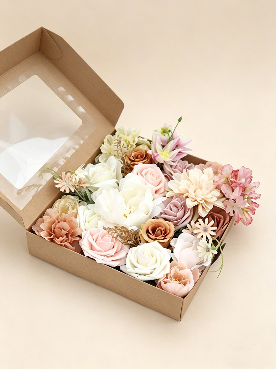 Pink & Champagne Fake Roses Silk Leaves Flowers Box