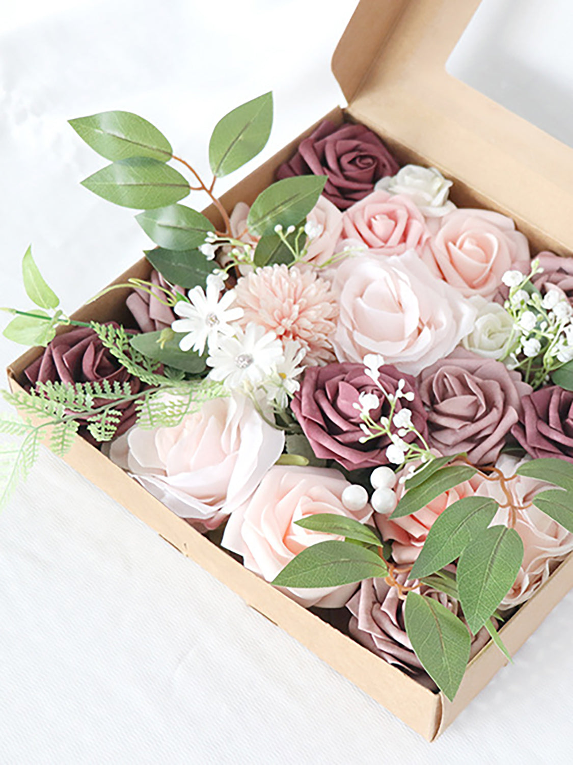 Dusty Pink & Bean Fake Roses Silk Leaves Flowers Box