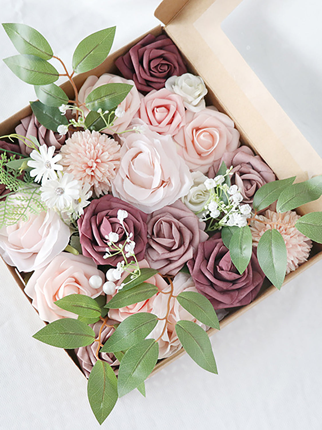 Dusty Pink & Bean Fake Roses Silk Leaves Flowers Box
