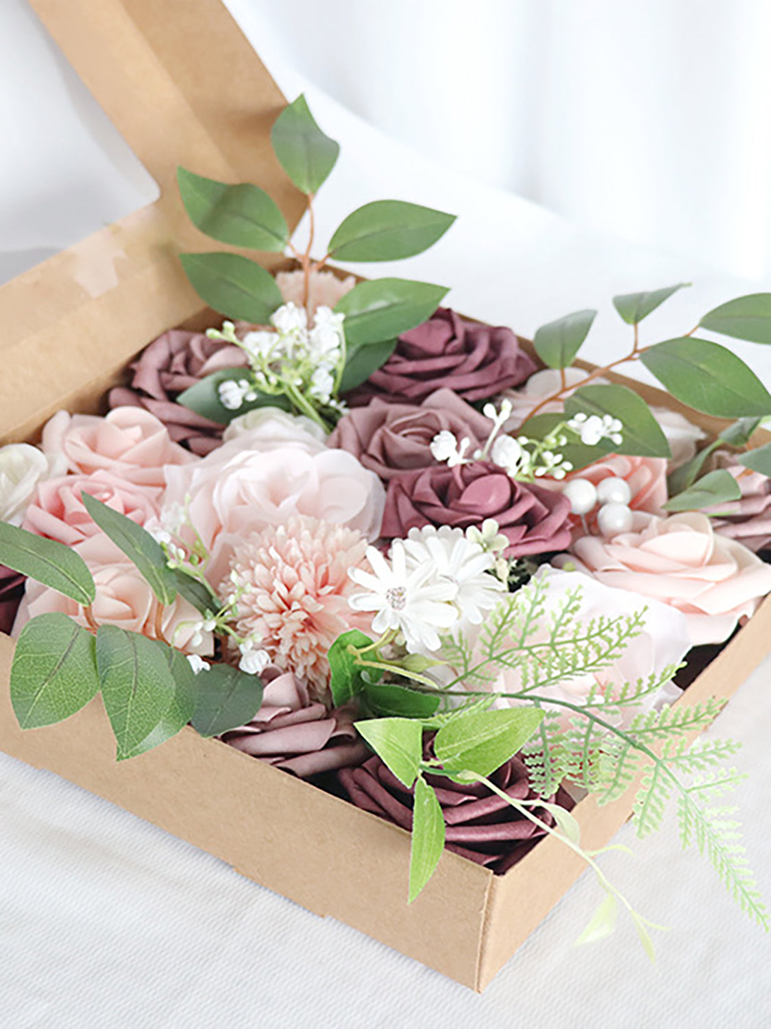 Dusty Pink & Bean Fake Roses Silk Leaves Flowers Box