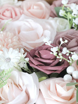 Dusty Pink & Bean Fake Roses Silk Leaves Flowers Box