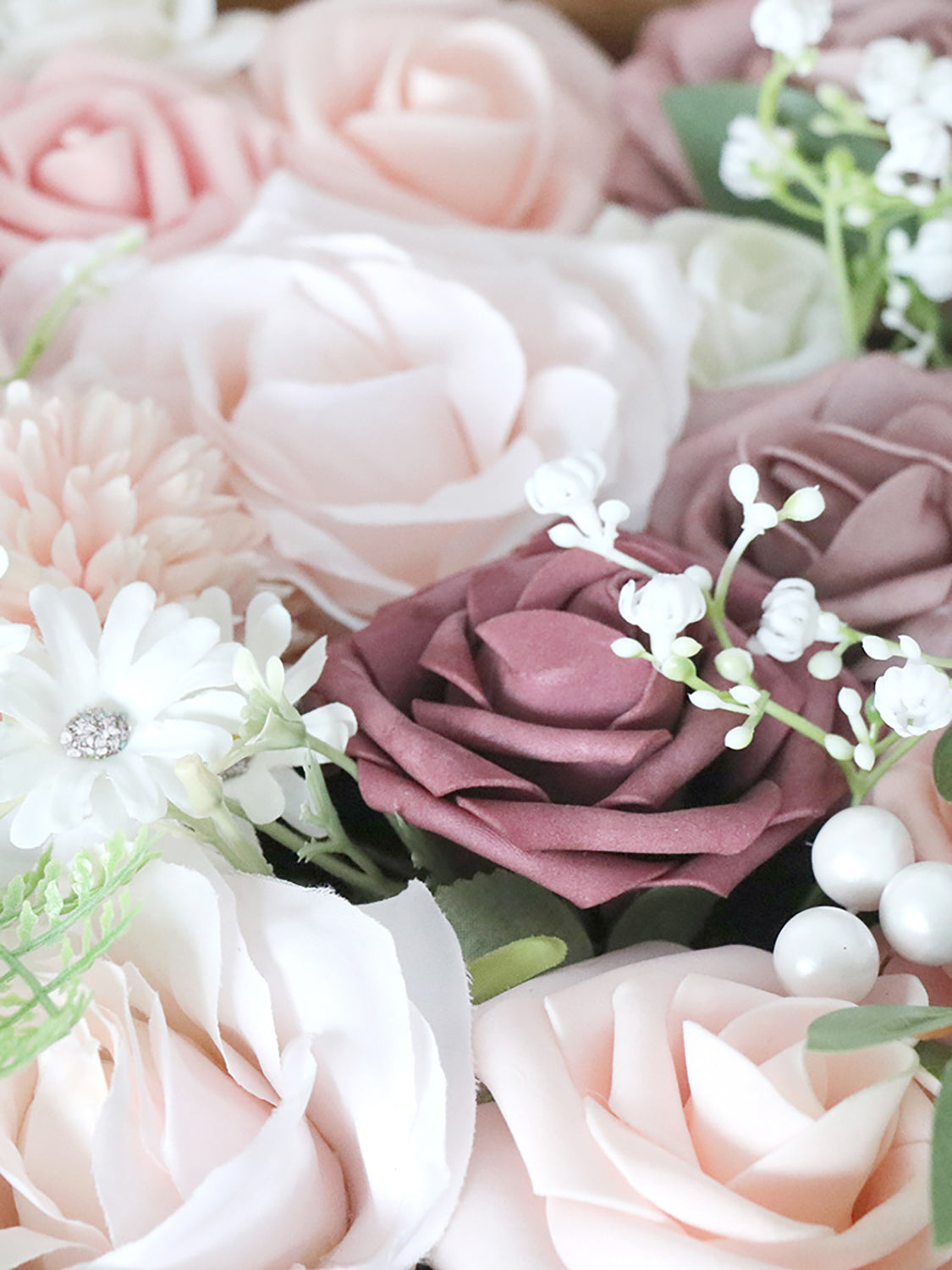 Dusty Pink & Bean Fake Roses Silk Leaves Flowers Box