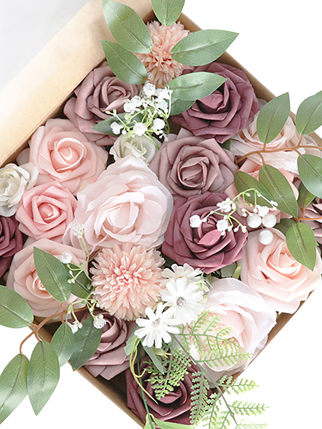 Dusty Pink & Bean Fake Roses Silk Leaves Flowers Box
