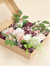 Dusty Pink & Bean Fake Roses Silk Leaves Flowers Box