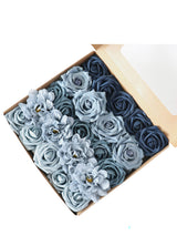Dusty Blue & Hazy Blue Fake Roses Silk Dahlia Flowers Box