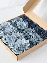 Dusty Blue & Hazy Blue Fake Roses Silk Dahlia Flowers Box