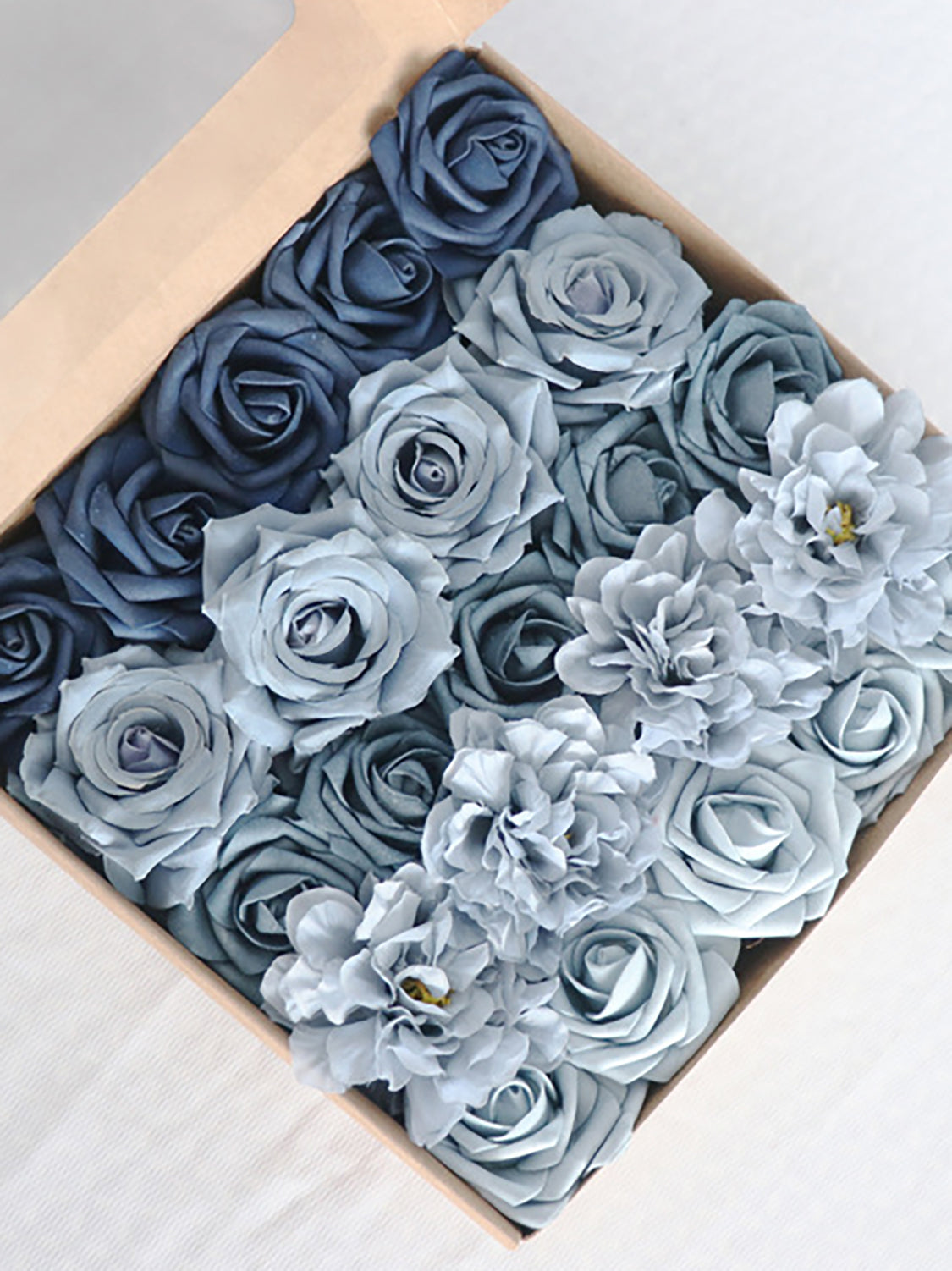 Dusty Blue & Hazy Blue Fake Roses Silk Dahlia Flowers Box