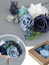 Dusty Blue & Hazy Blue Fake Roses Silk Dahlia Flowers Box
